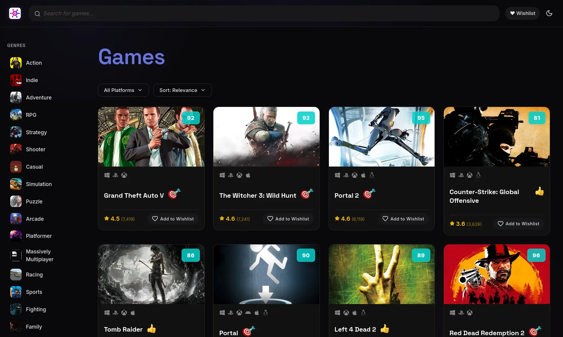 Game Hub Dark Mode Interface